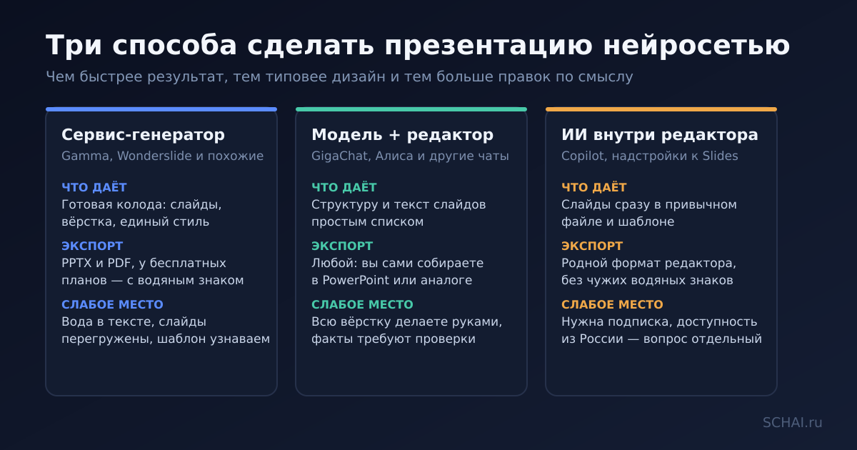 Три способа сделать презентацию нейросетью: чем быстрее результат, тем типовее дизайн и тем больше правок