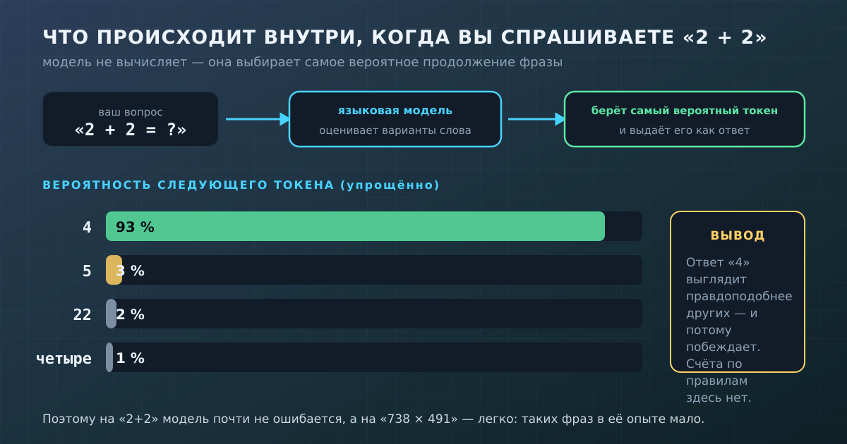 Внутри модели: вопрос превращается в токены, модель оценивает вероятность каждого варианта продолжения и берёт самый правдоподобный. Это выбор, а не вычисление.