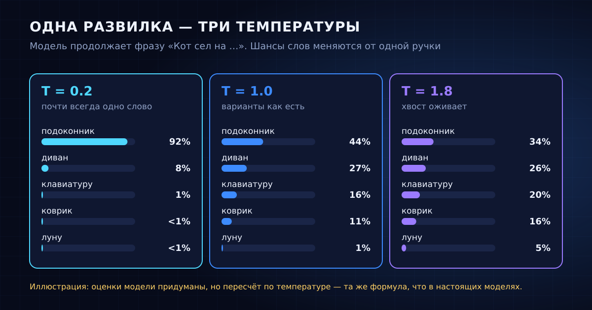 Одна и та же развилка при трёх температурах: чем выше temperature, тем ровнее шансы и тем чаще выпадают редкие слова