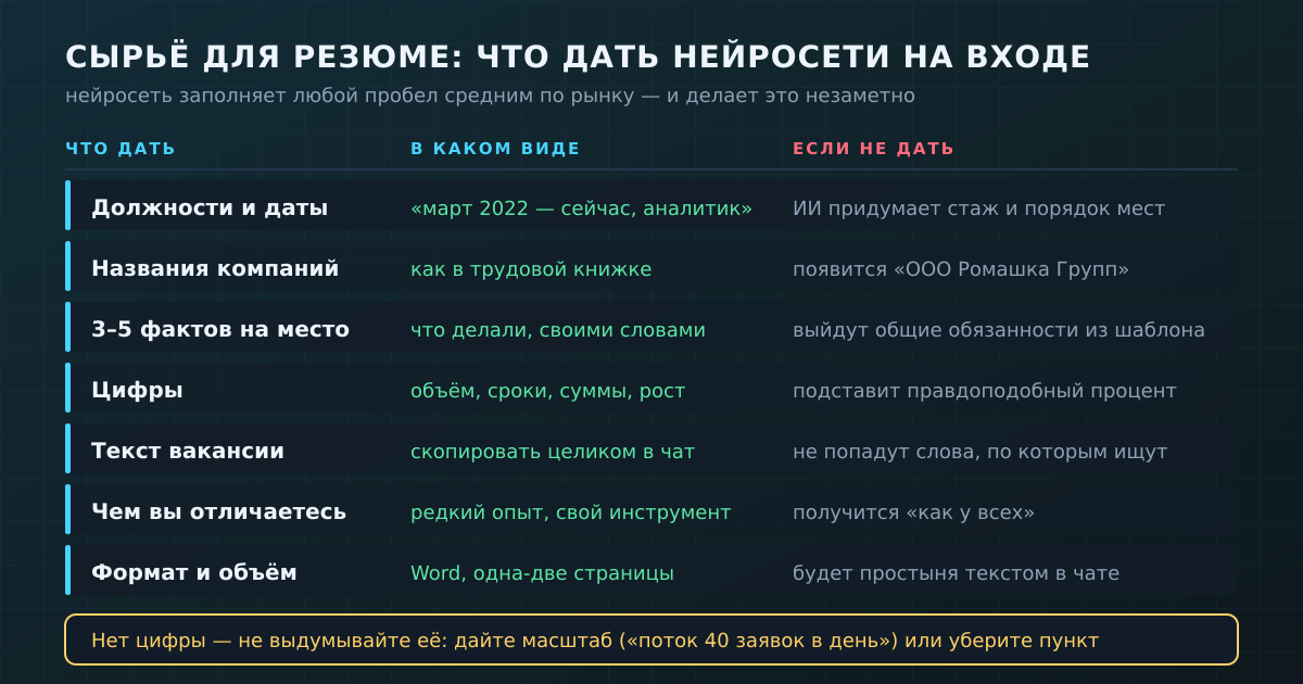 Сырьё для резюме: что дать нейросети на входе и чем оборачивается каждый пропуск