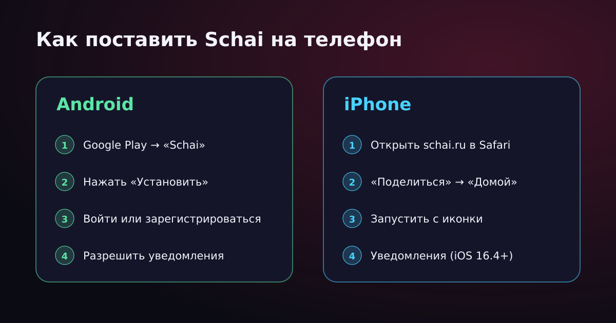 Установка Schai: Android — из Google Play, iPhone — с сайта через Safari