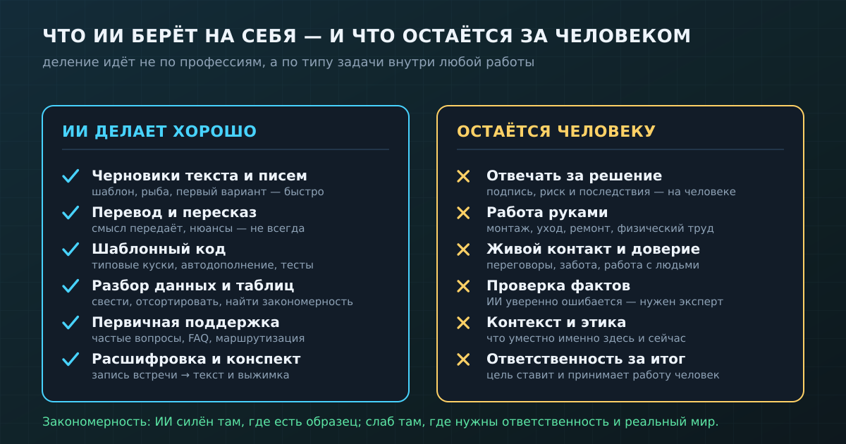 Деление идёт не по профессиям, а по типу задачи: ИИ силён там, где есть образец, и слаб там, где нужны ответственность и реальный мир.