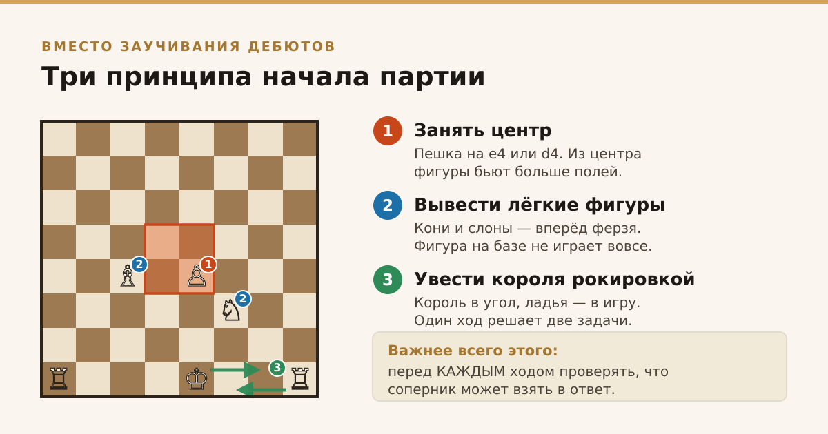 Три принципа начала партии: центр, развитие лёгких фигур, рокировка