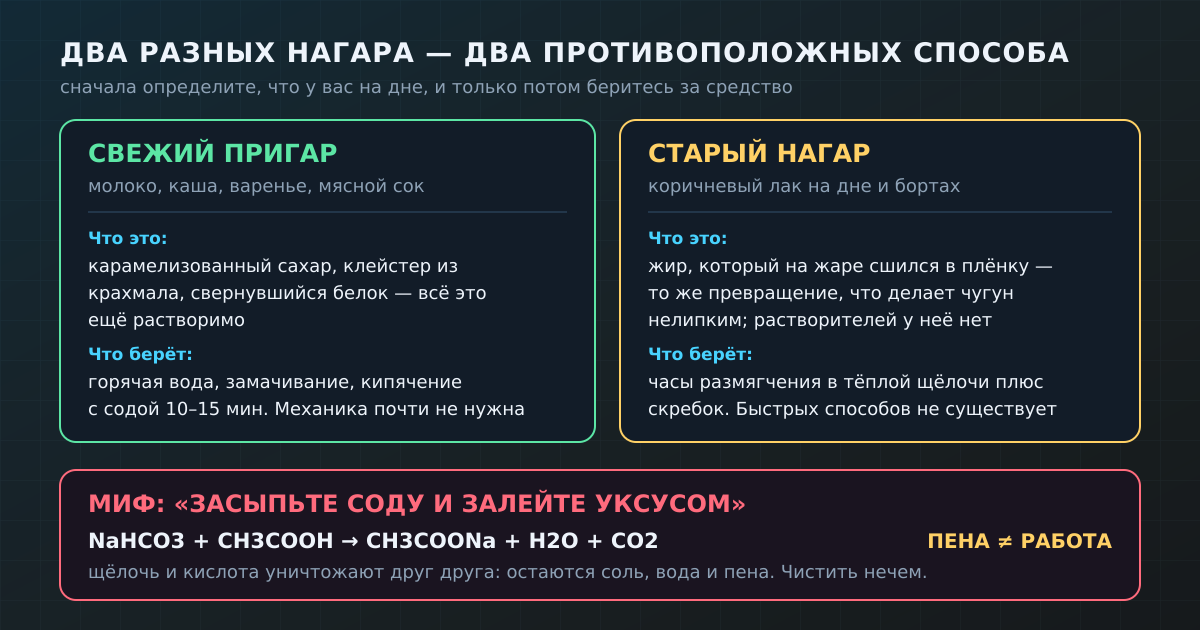 Свежий пригар растворяется, старый нагар — нет. И почему «сода плюс уксус» даёт пену вместо чистки