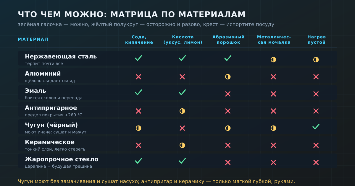 Матрица по материалам: что чем можно чистить, а что испортит посуду за один раз