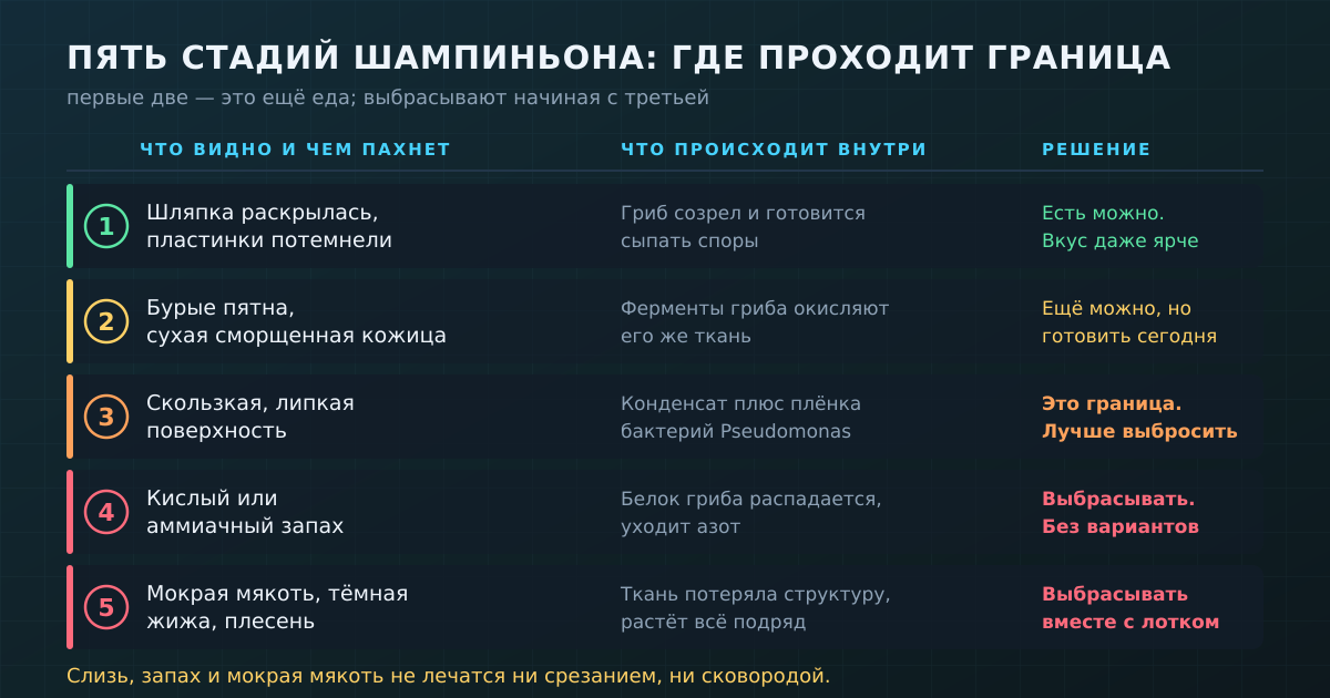 Пять стадий шампиньона: что видно снаружи, что происходит внутри и где проходит граница