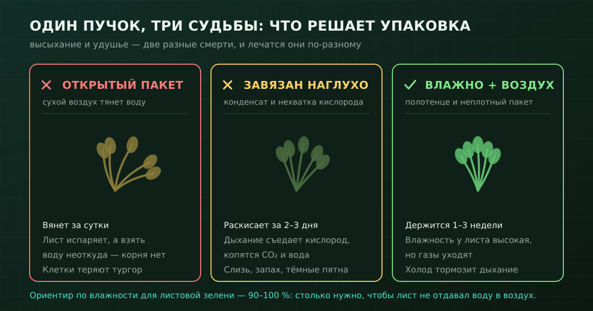Три исхода для одного пучка: пересушивание, удушье и рабочий режим — влажно, но с доступом воздуха