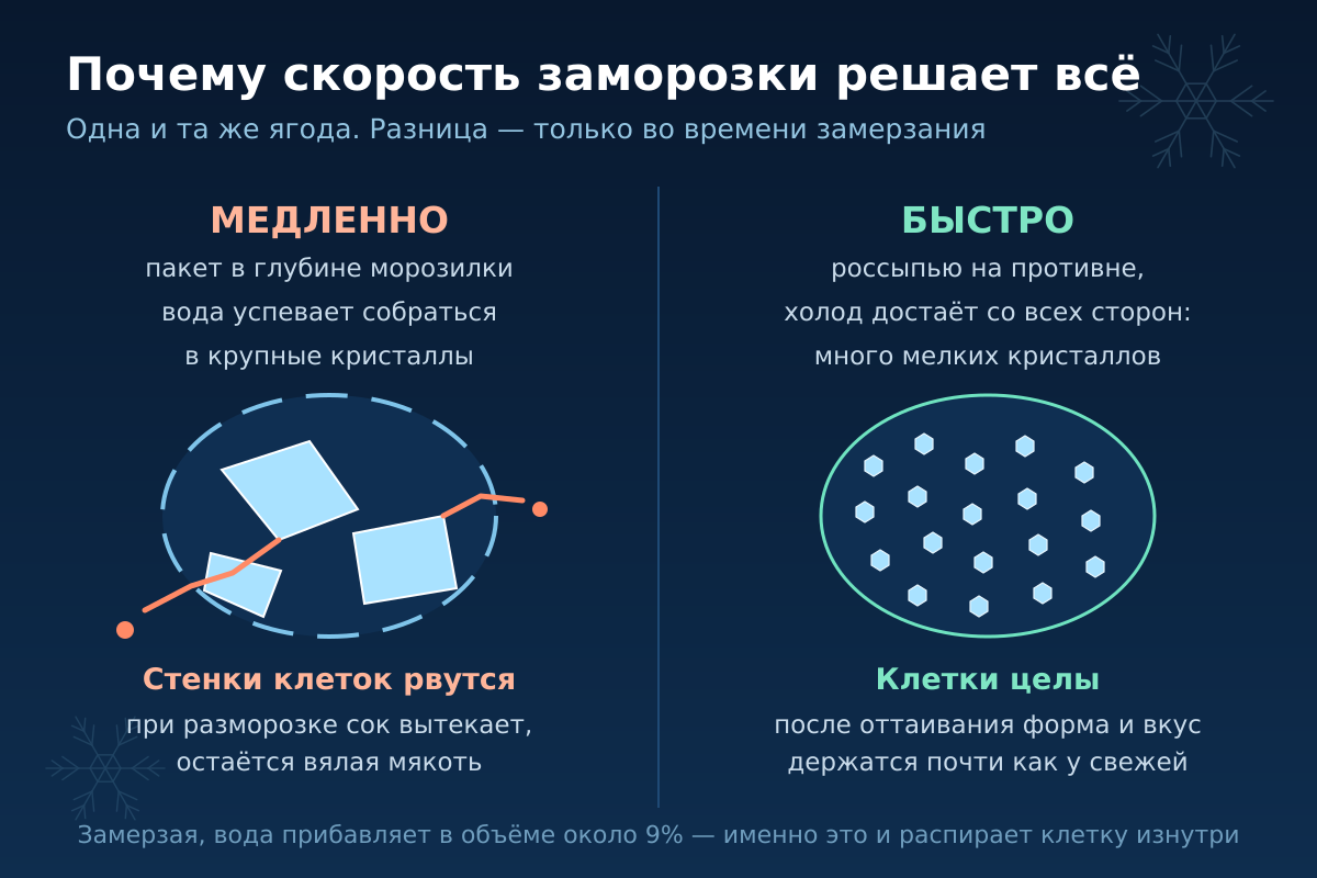 Одна и та же ягода: медленное промерзание рвёт клетки, быстрое — нет