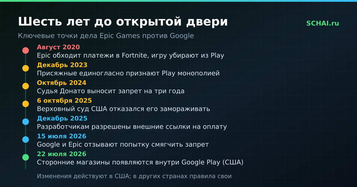 Хроника дела Epic Games против Google: от изъятия Fortnite в 2020-м до появления чужих магазинов внутри Play в июле 2026-го