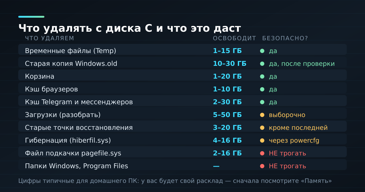 Что удалять с диска C, сколько это освободит и насколько безопасно