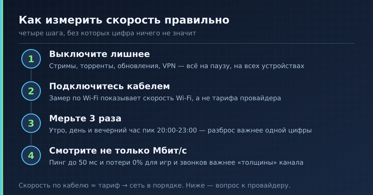 Инфографика: четыре шага правильного замера скорости интернета — выключить лишнее, подключиться кабелем, мерить трижды, смотреть на пинг