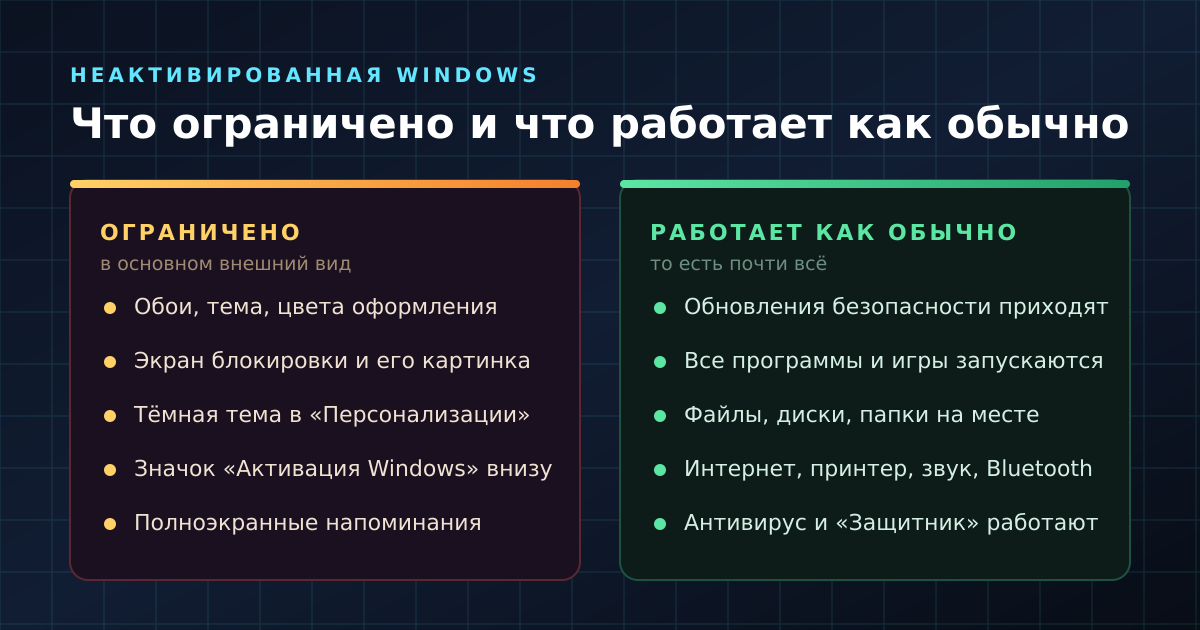 Что ограничено в неактивированной Windows и что работает как обычно