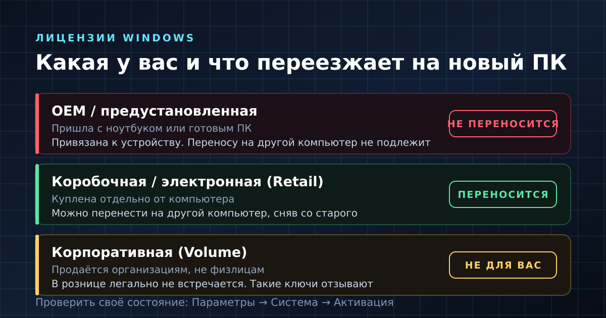 Типы лицензий Windows и что переносится на новый компьютер