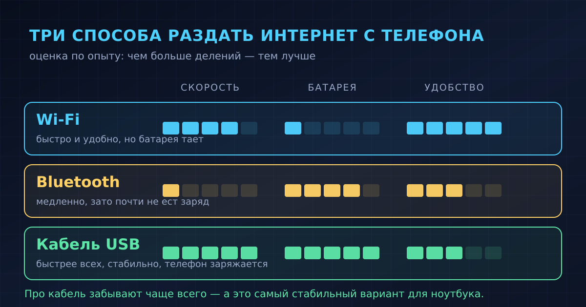 Wi-Fi, Bluetooth и кабель: чем способы раздачи отличаются по скорости, расходу батареи и удобству