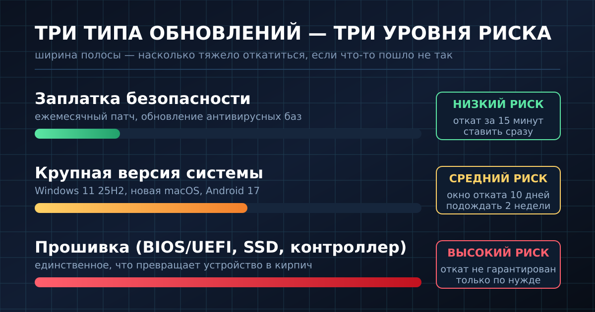 Риск обновления определяется не размером файла, а тем, насколько тяжело откатиться назад