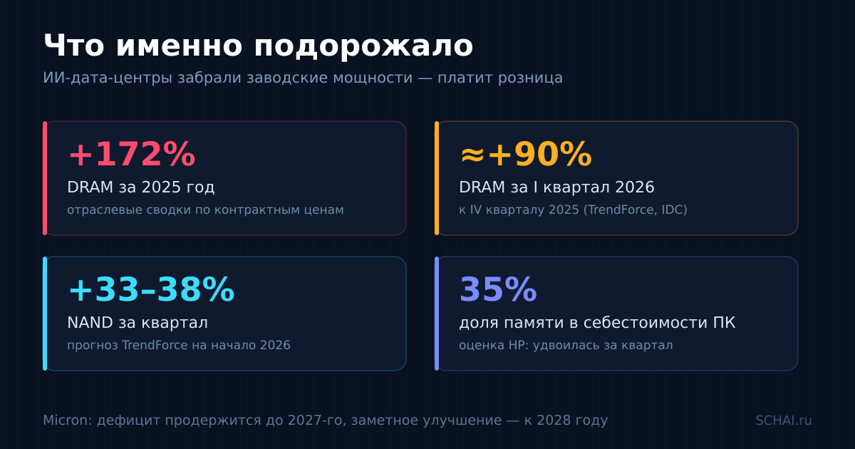 Ключевые цифры подорожания памяти: DRAM, NAND и доля памяти в себестоимости ПК