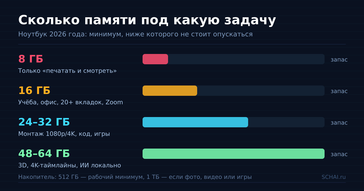 Сколько оперативной памяти нужно под разные сценарии использования ноутбука