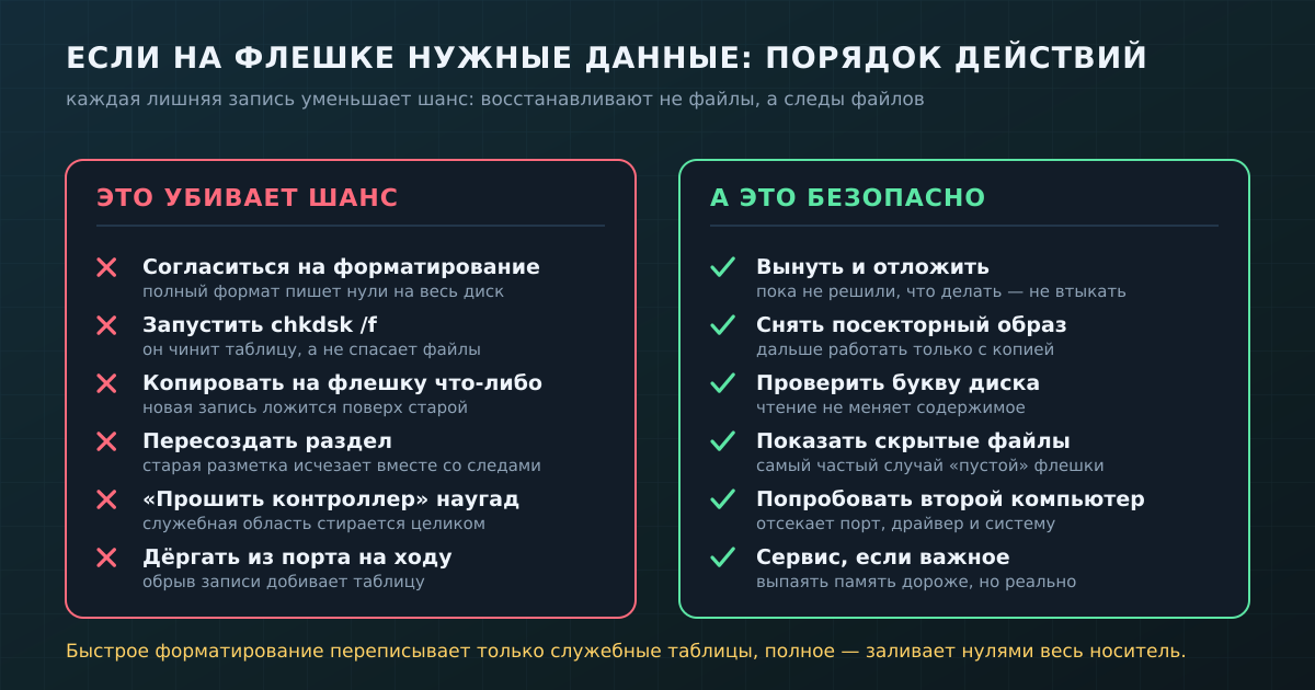 Если на флешке нужные данные: что убивает шанс на восстановление, а что безопасно