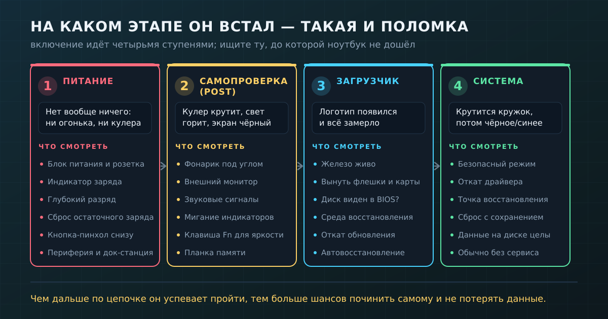 Четыре ступени включения ноутбука: на какой он остановился и что смотреть на каждой