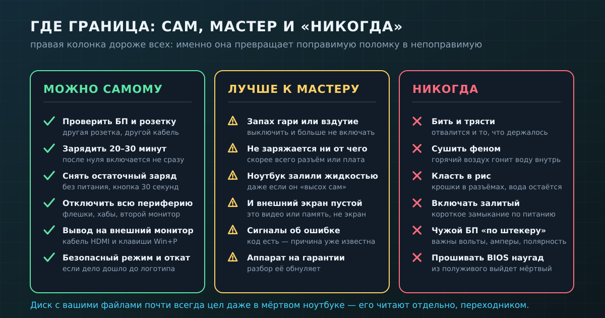 Что при неработающем ноутбуке можно сделать самому, с чем идти к мастеру и чего не делать никогда