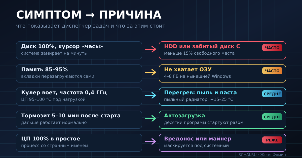 Симптом → причина: как читать показания диспетчера задач