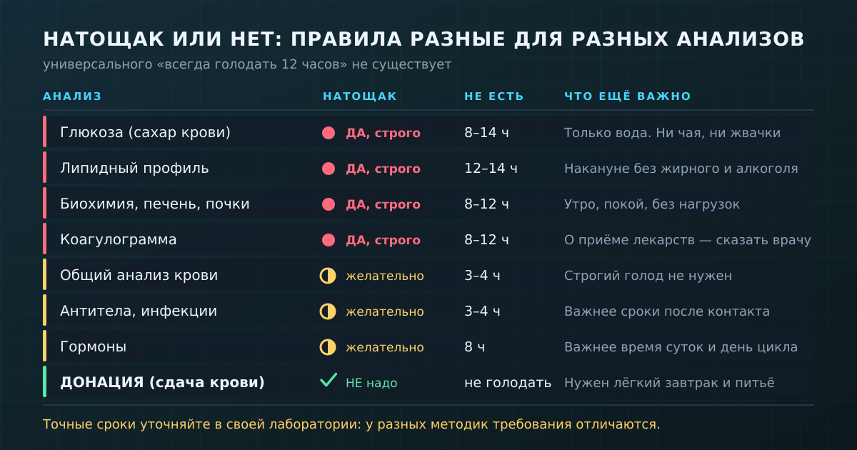 Правила подготовки отличаются для разных анализов: голод критичен далеко не везде